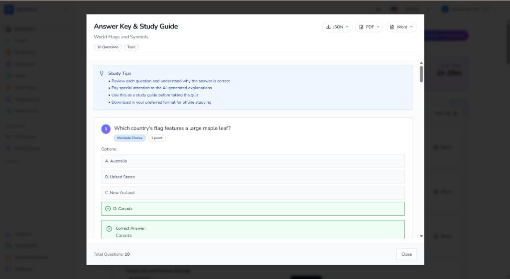 QuizFlex answer key and study guide with export options to JSON, PDF, and Word