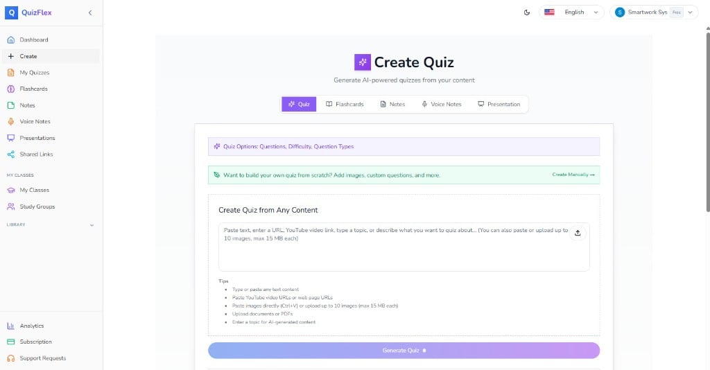 QuizFlex AI quiz creation interface - Generate quizzes from PDFs, YouTube videos, text, and voice notes