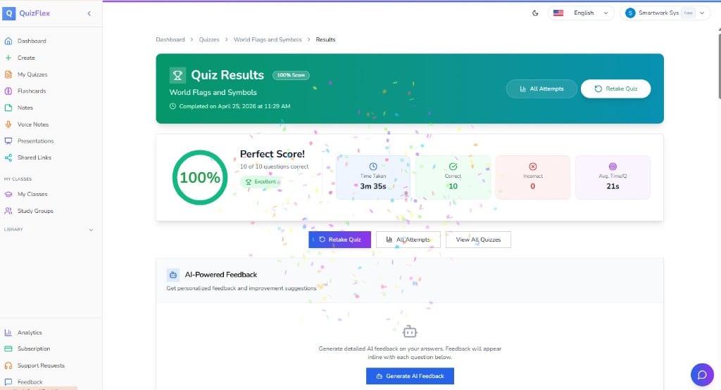 QuizFlex quiz results dashboard showing score analytics, time taken, and AI-powered feedback