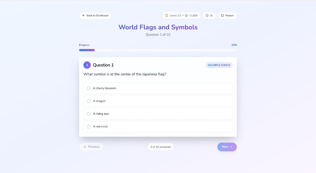 QuizFlex interactive quiz-taking interface with multiple choice questions and progress tracking