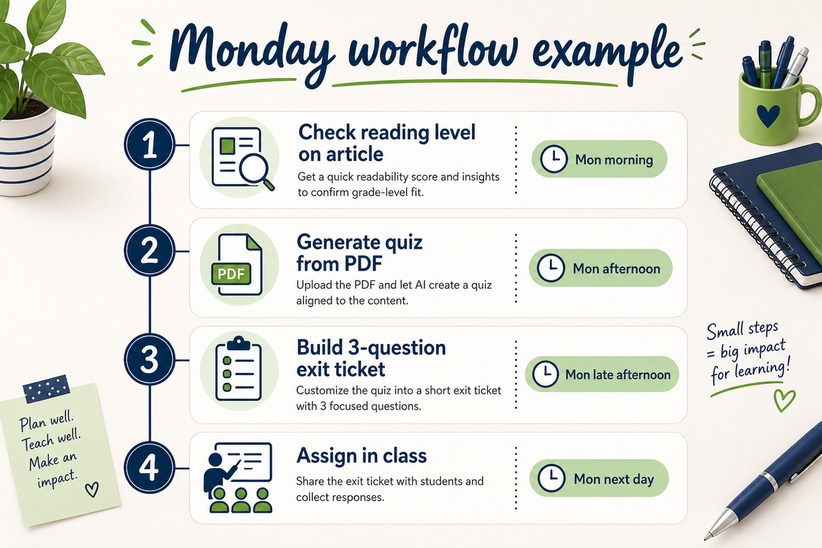 Example Monday workflow pairing tools and AI quizzes